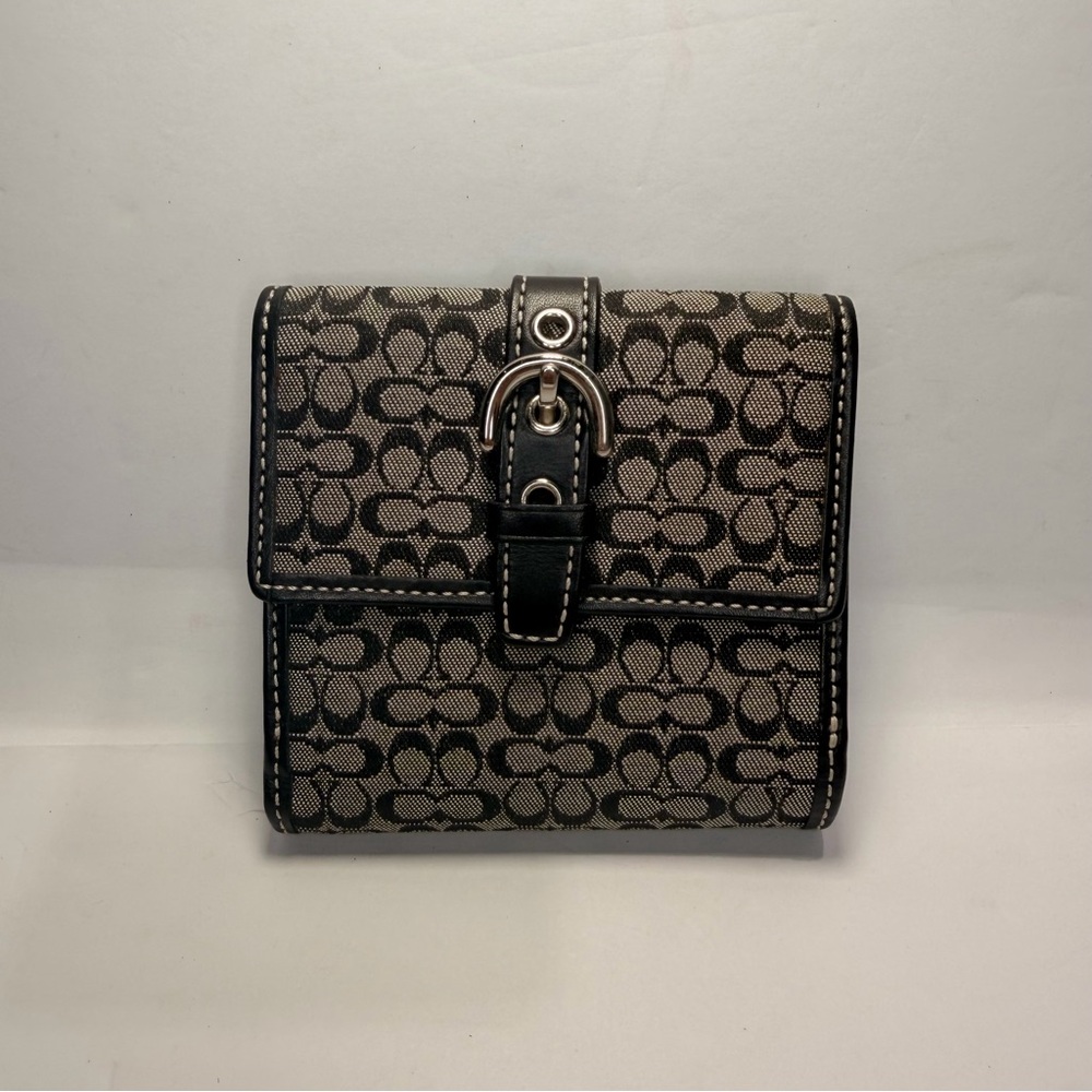 Coach Black and Gray Monogram Buckle Wallet